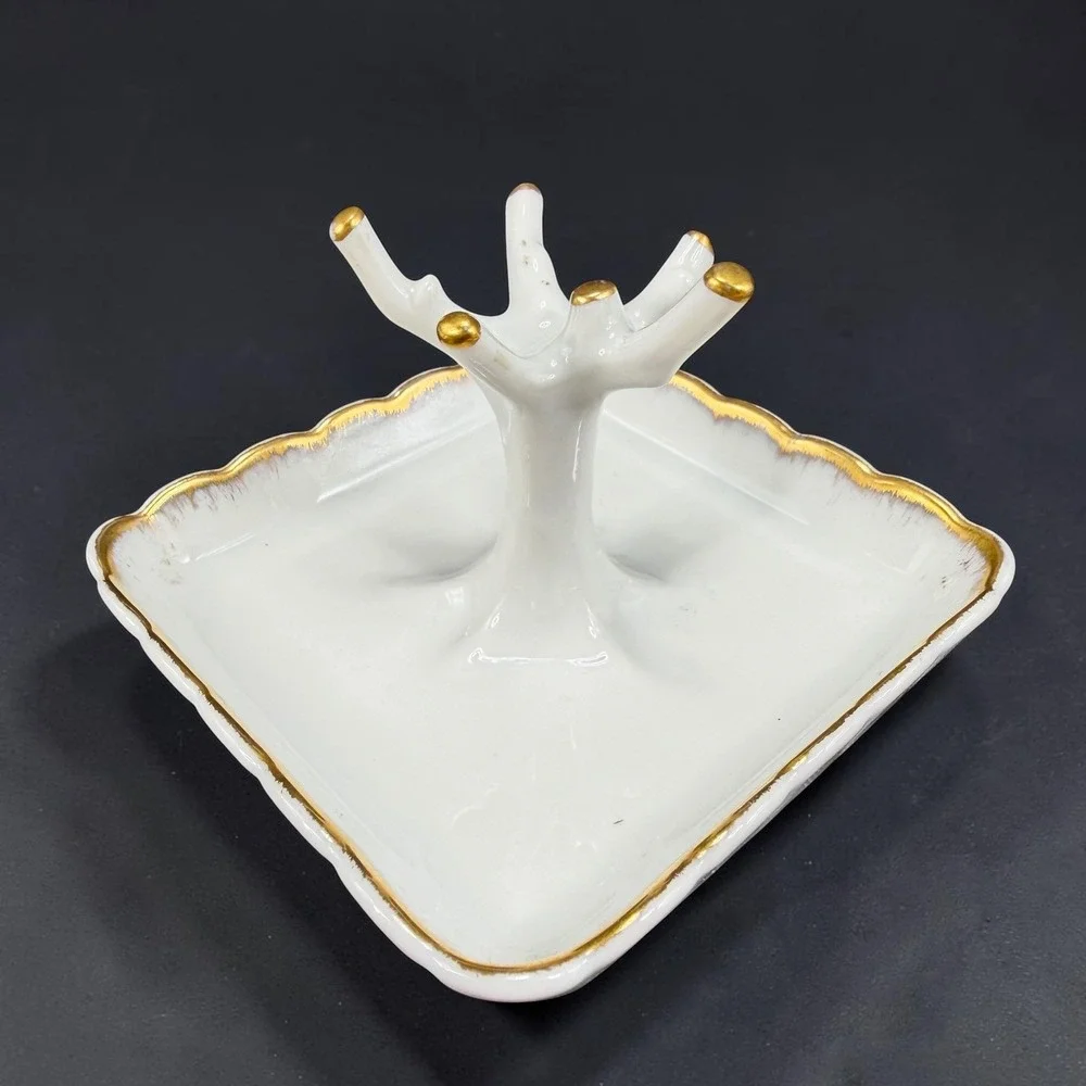 Limoges France Chamart Exclusive Porcelain Ring Holder Tree Gold Gilt White Tray